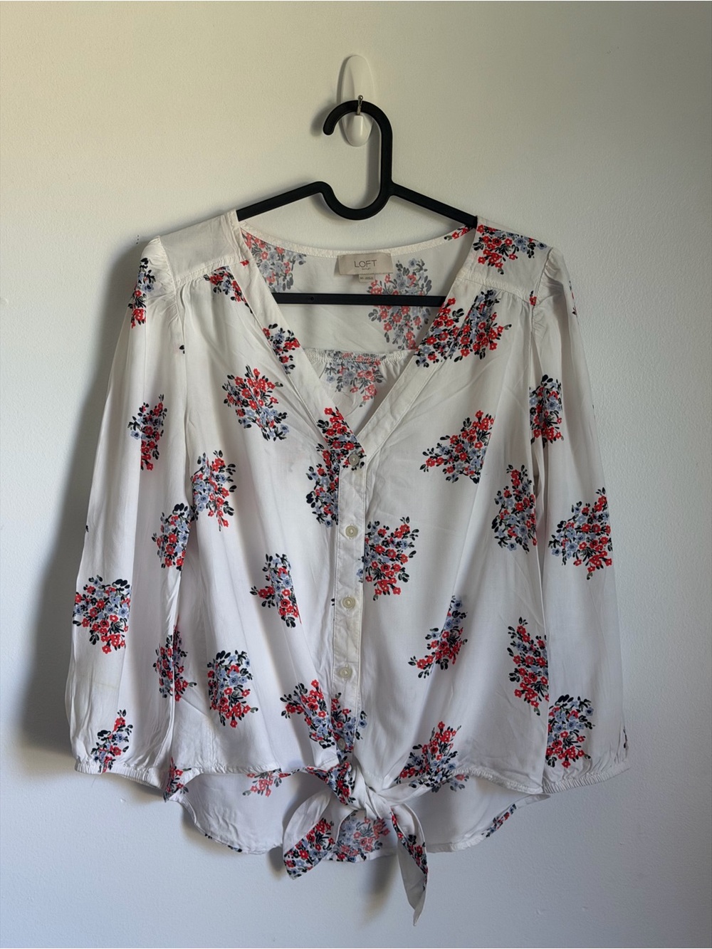 LOFT White Floral Tie-Front Blouse - White with Red & Navy Floral Print